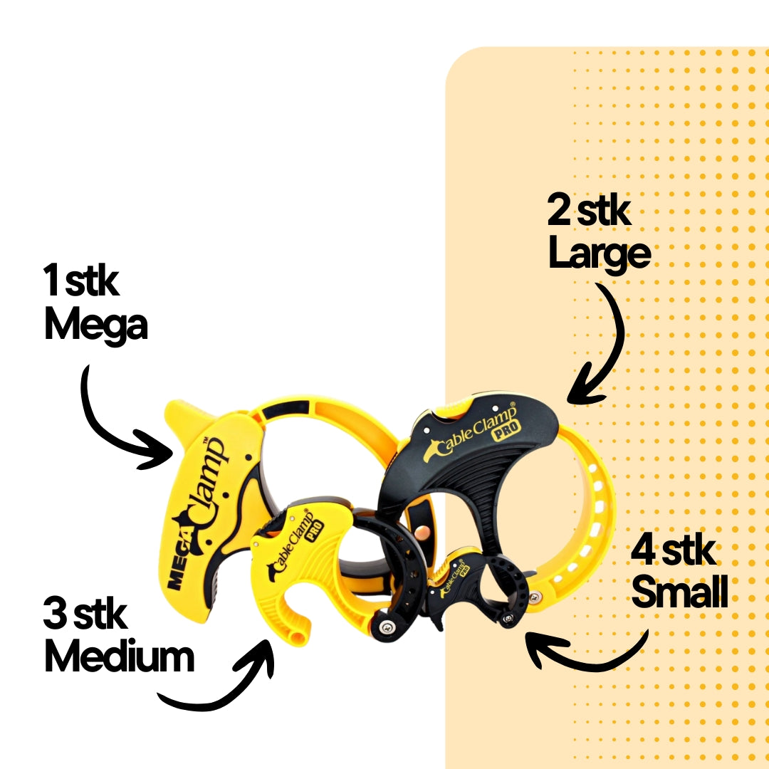 Cable Clamp Pro®/Mega Clamp™  Gul/sort Assortert pakke med 10 stk. - Cableclamp.no 